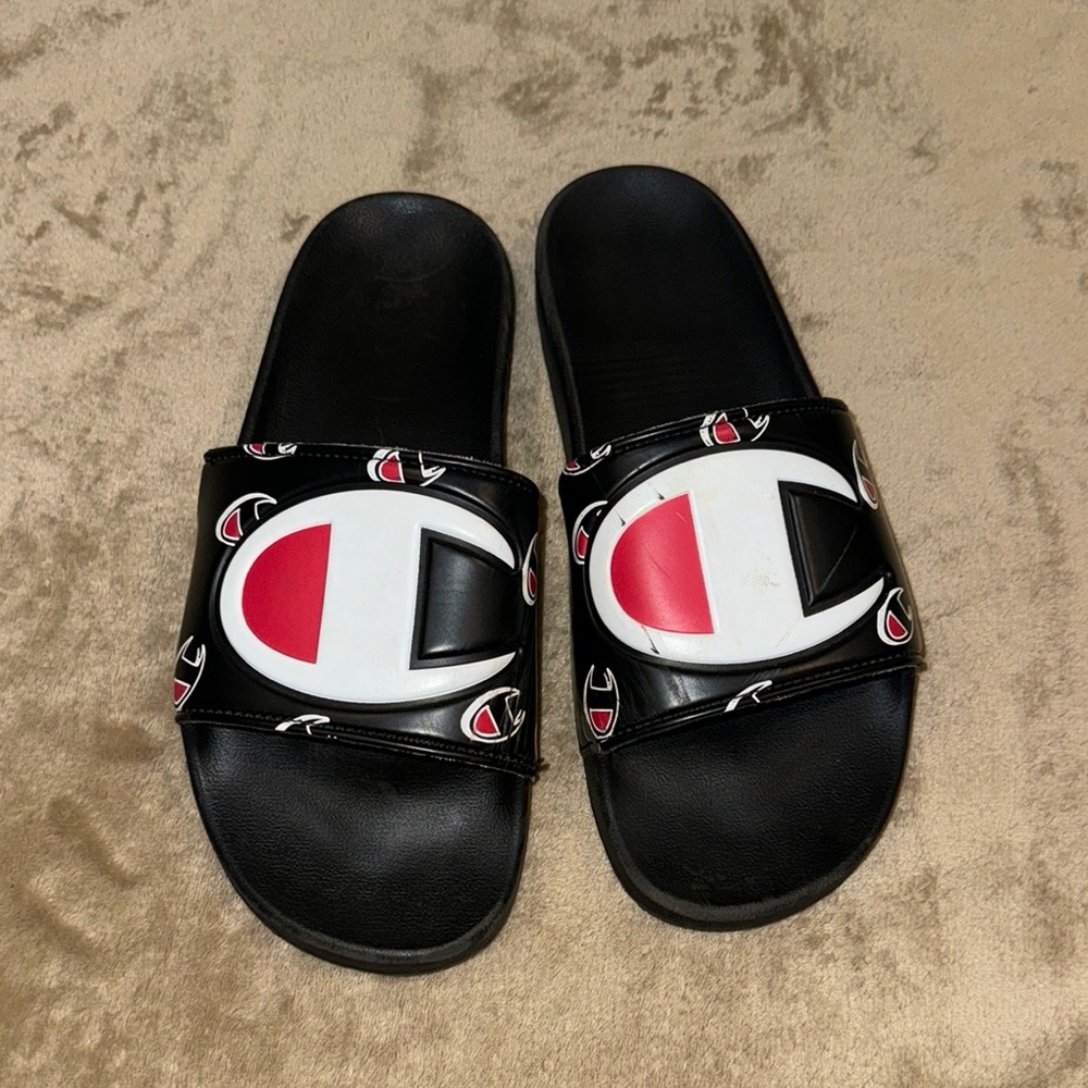Champion Black and Red Slide Sandals Athletic Leisure